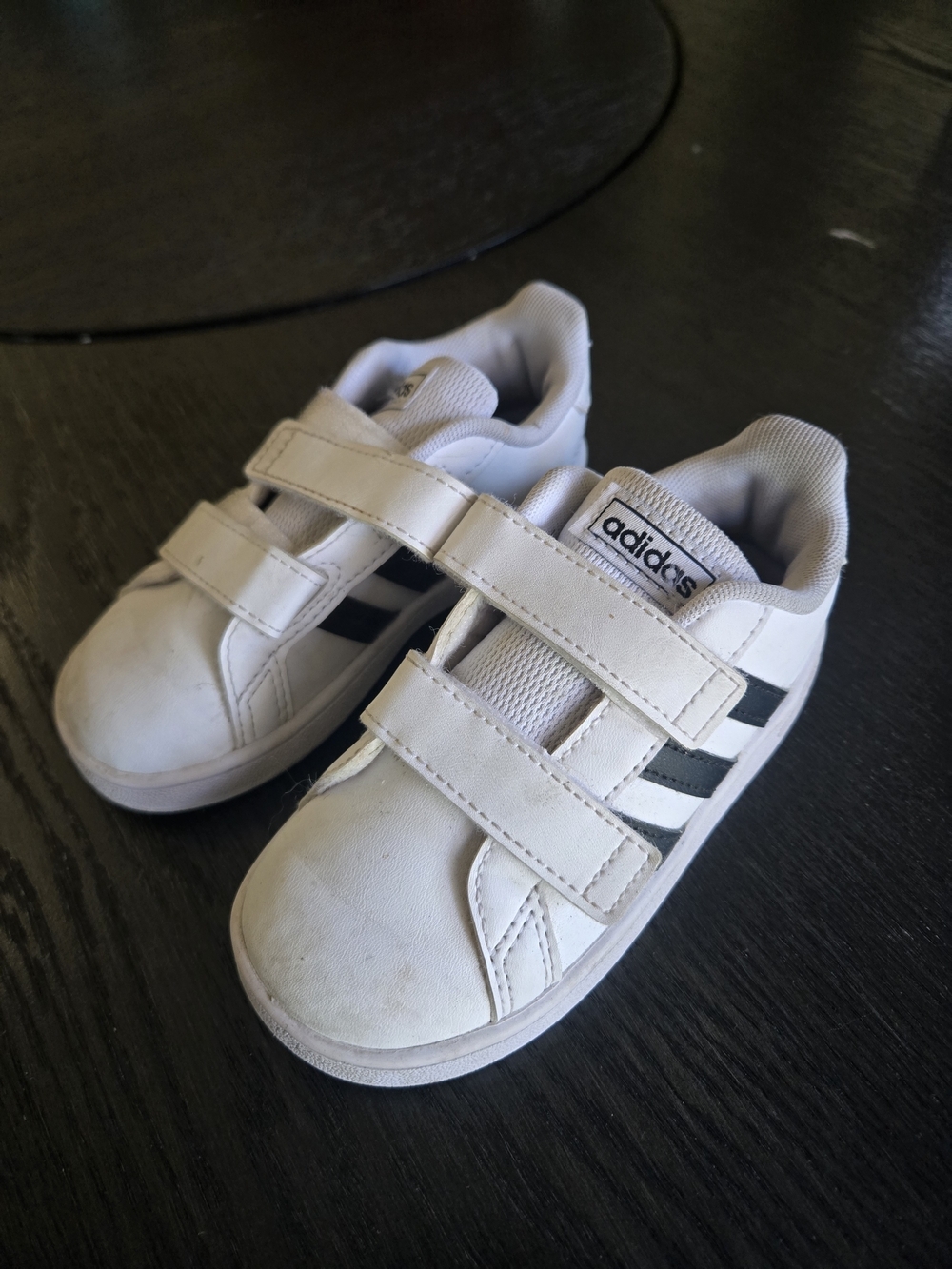 adidas Kids White Sneakers with Black Stripes Velcro